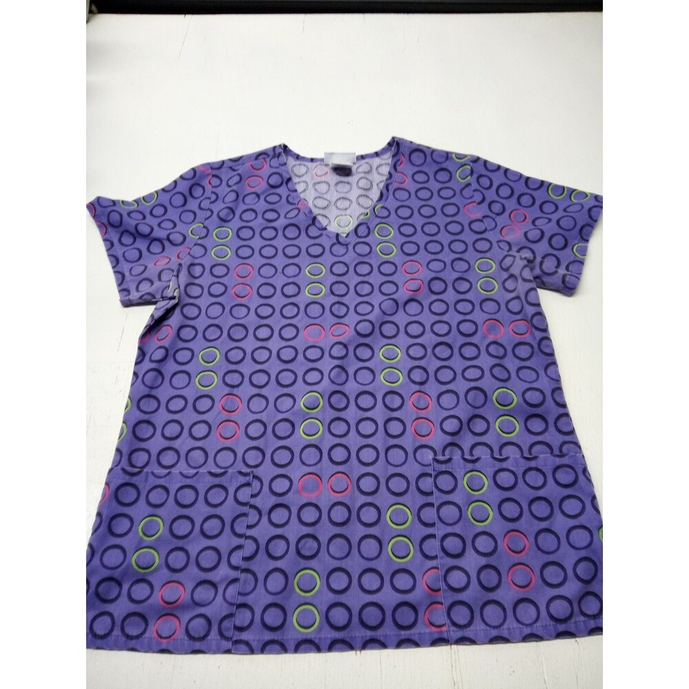 Women's SB SCRUBS Purple With Multi color Circles Scrub Top Size Medium M